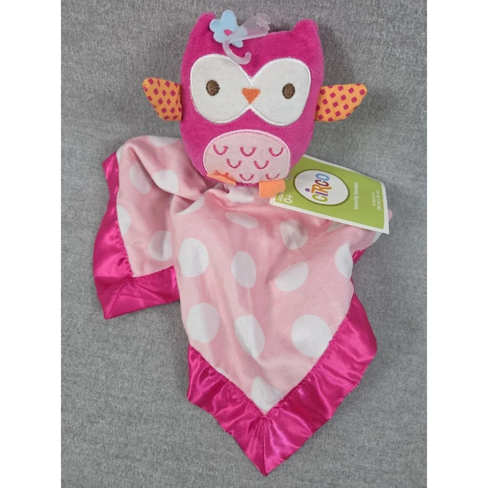 CIRCO Baby Girl Security Blanket LOVEY Plush OWL White DOT Satin Trim PINK NEW